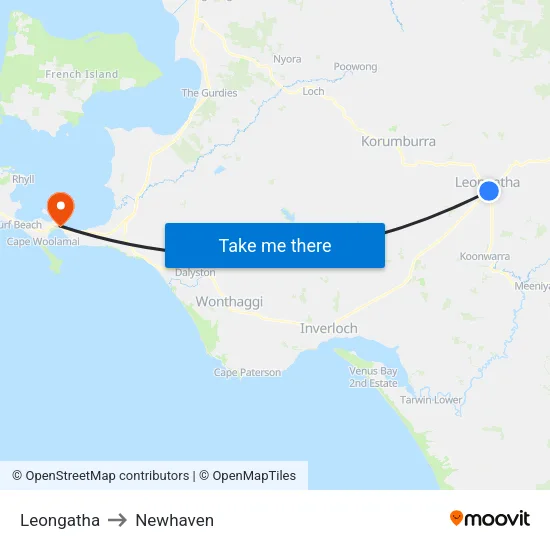 Leongatha to Newhaven map