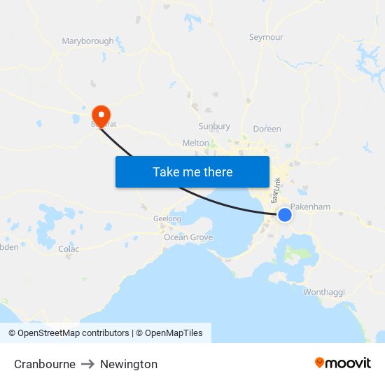 Cranbourne to Newington map