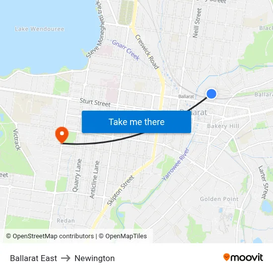 Ballarat East to Newington map