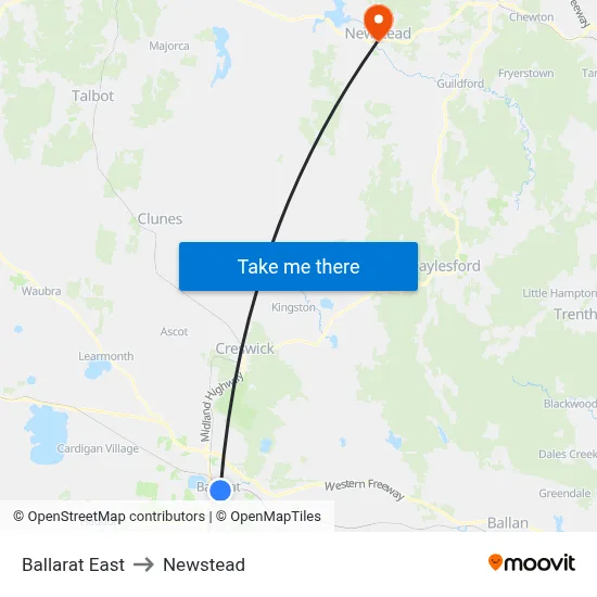 Ballarat East to Newstead map