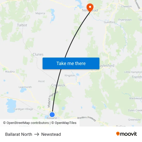 Ballarat North to Newstead map