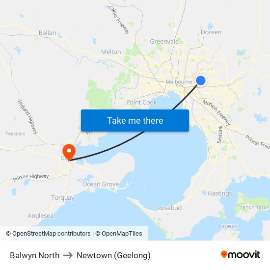 Balwyn North to Newtown (Geelong) map