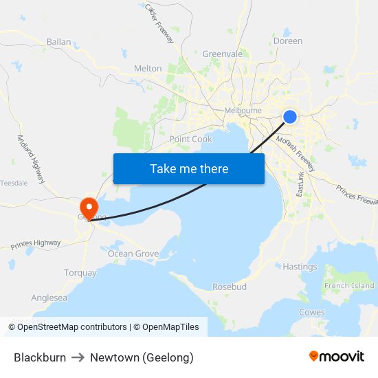 Blackburn to Newtown (Geelong) map