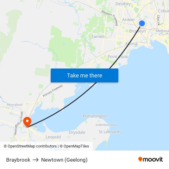 Braybrook to Newtown (Geelong) map