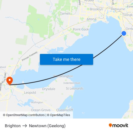 Brighton to Newtown (Geelong) map