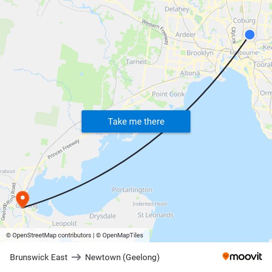 Brunswick East to Newtown (Geelong) map