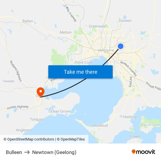 Bulleen to Newtown (Geelong) map