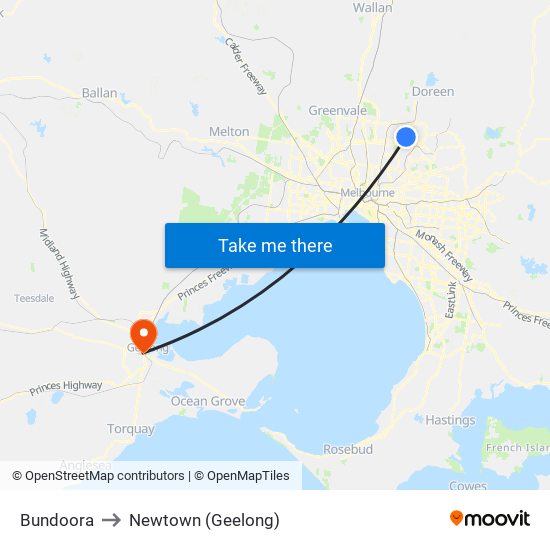 Bundoora to Newtown (Geelong) map