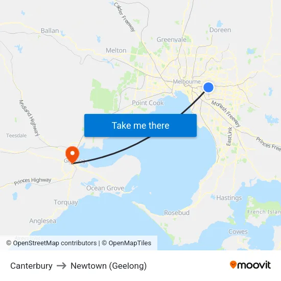 Canterbury to Newtown (Geelong) map