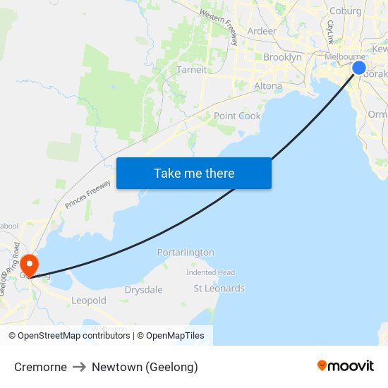 Cremorne to Newtown (Geelong) map