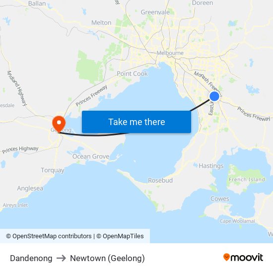 Dandenong to Newtown (Geelong) map