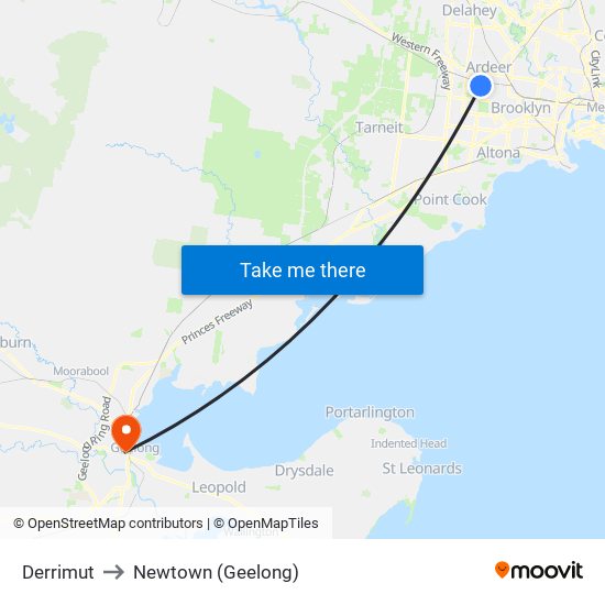 Derrimut to Newtown (Geelong) map