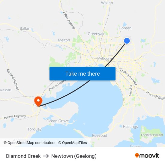 Diamond Creek to Newtown (Geelong) map