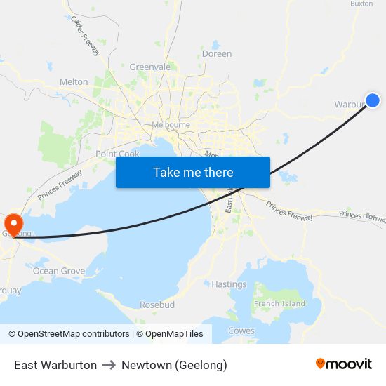 East Warburton to Newtown (Geelong) map