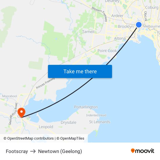 Footscray to Newtown (Geelong) map