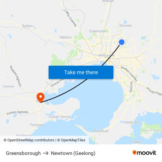 Greensborough to Newtown (Geelong) map