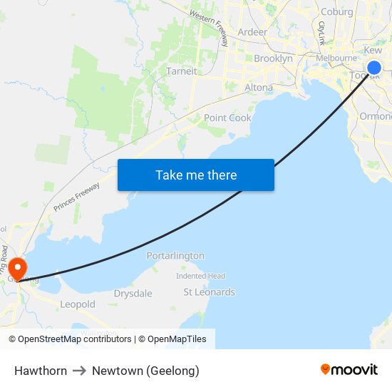 Hawthorn to Newtown (Geelong) map