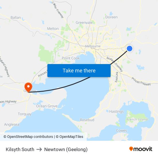 Kilsyth South to Newtown (Geelong) map