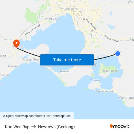 Koo Wee Rup to Newtown (Geelong) map