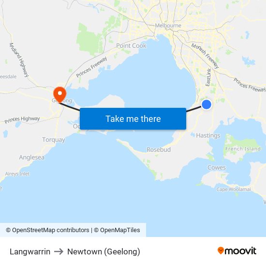 Langwarrin to Newtown (Geelong) map