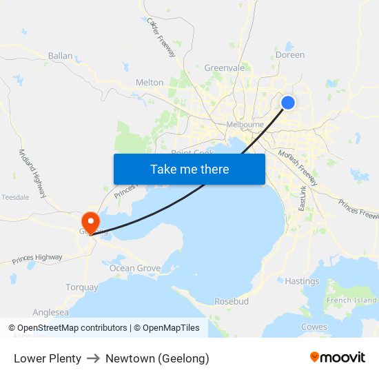 Lower Plenty to Newtown (Geelong) map