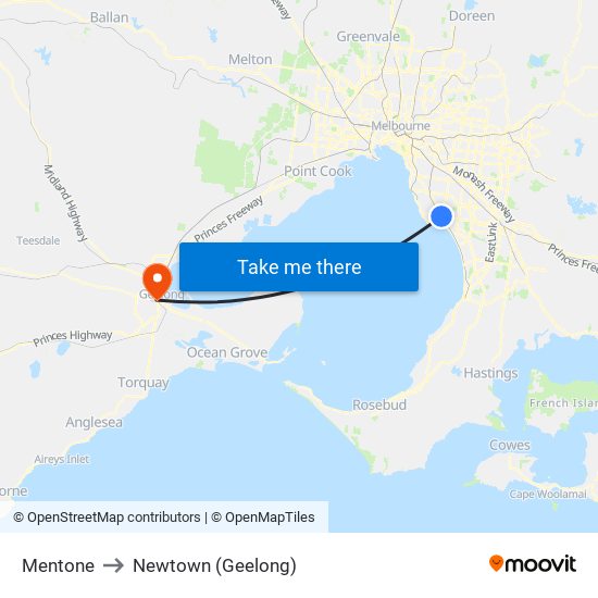 Mentone to Newtown (Geelong) map