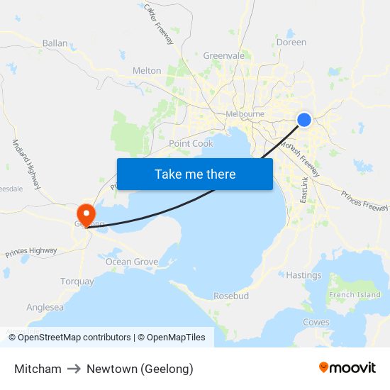 Mitcham to Newtown (Geelong) map