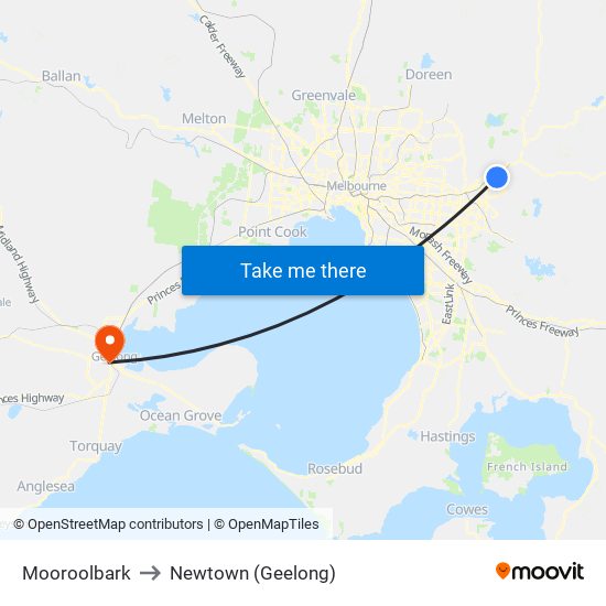 Mooroolbark to Newtown (Geelong) map