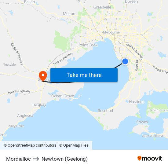 Mordialloc to Newtown (Geelong) map