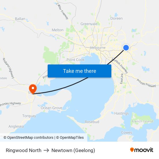 Ringwood North to Newtown (Geelong) map