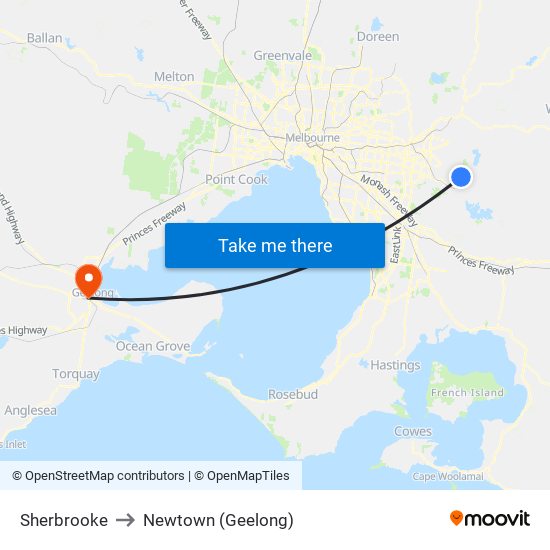 Sherbrooke to Newtown (Geelong) map