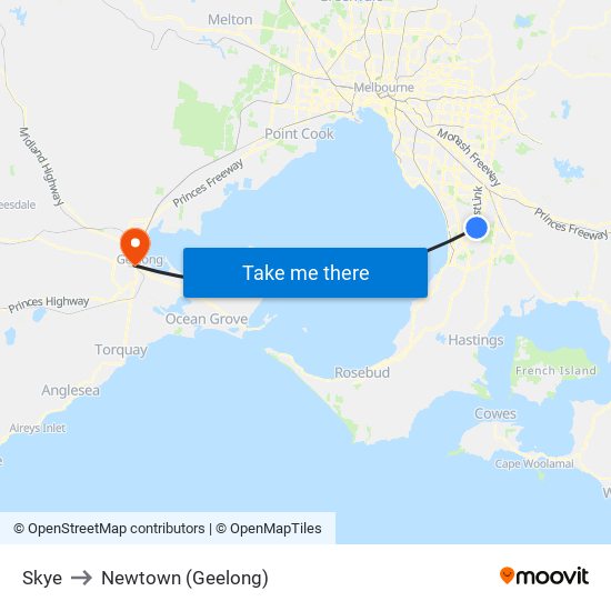 Skye to Newtown (Geelong) map