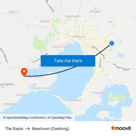 The Basin to Newtown (Geelong) map