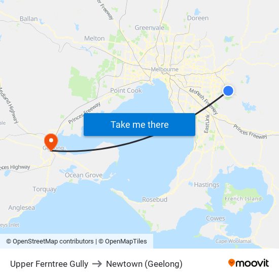 Upper Ferntree Gully to Newtown (Geelong) map