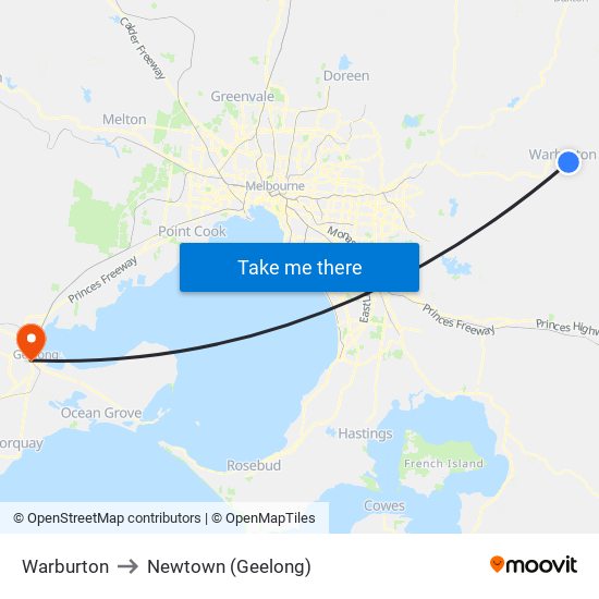 Warburton to Newtown (Geelong) map