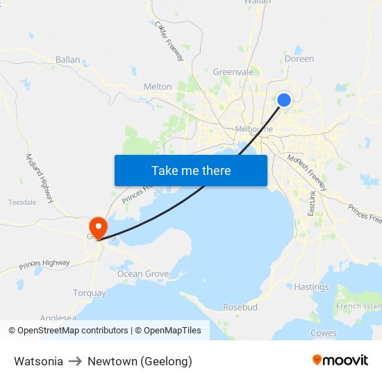 Watsonia to Newtown (Geelong) map
