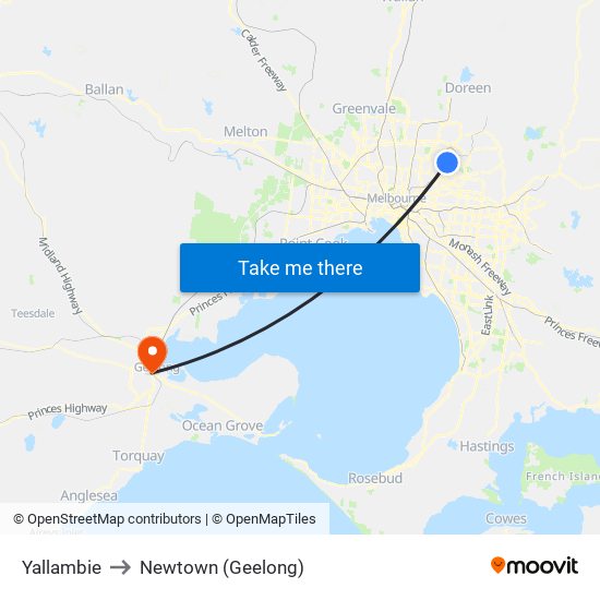 Yallambie to Newtown (Geelong) map