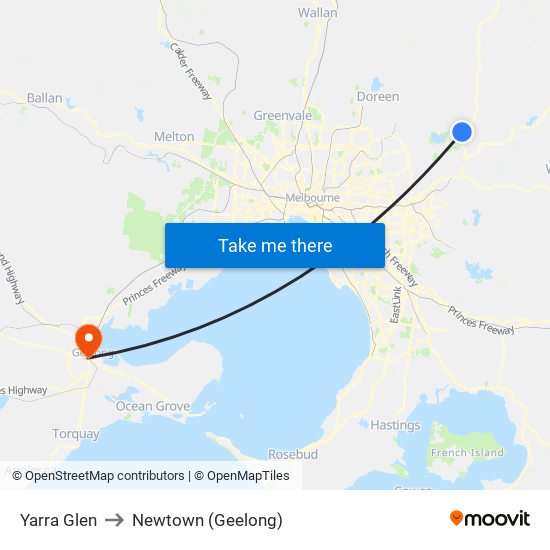 Yarra Glen to Newtown (Geelong) map