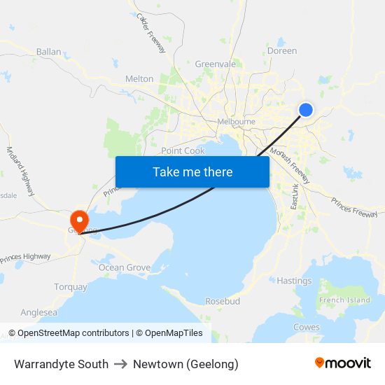 Warrandyte South to Newtown (Geelong) map