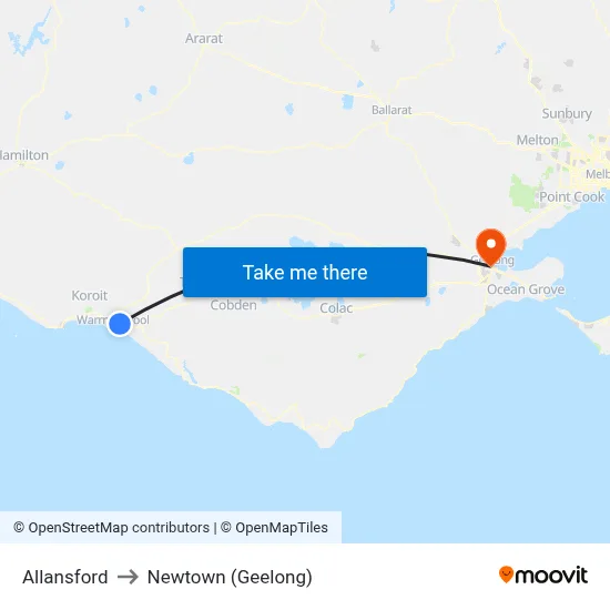 Allansford to Newtown (Geelong) map