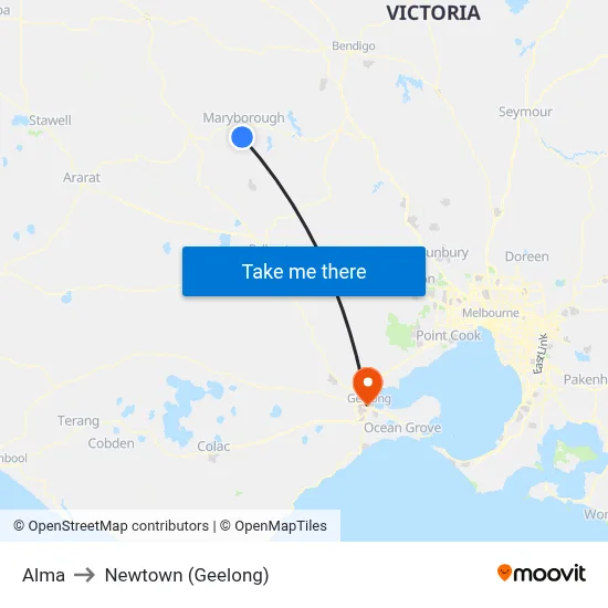 Alma to Newtown (Geelong) map