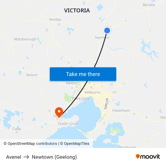 Avenel to Newtown (Geelong) map