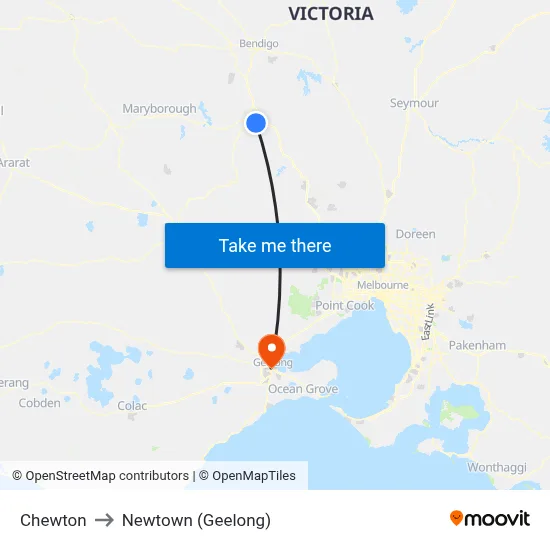 Chewton to Newtown (Geelong) map