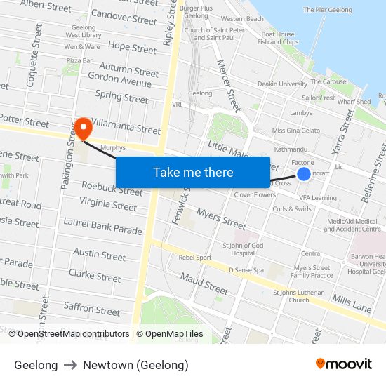 Geelong to Newtown (Geelong) map