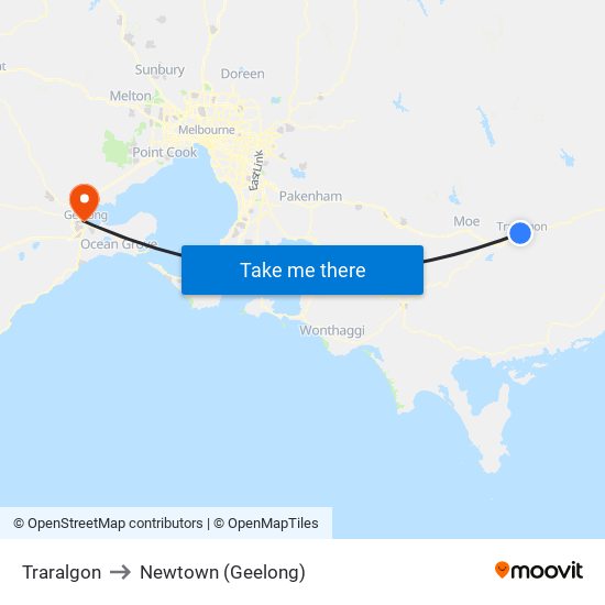 Traralgon to Newtown (Geelong) map