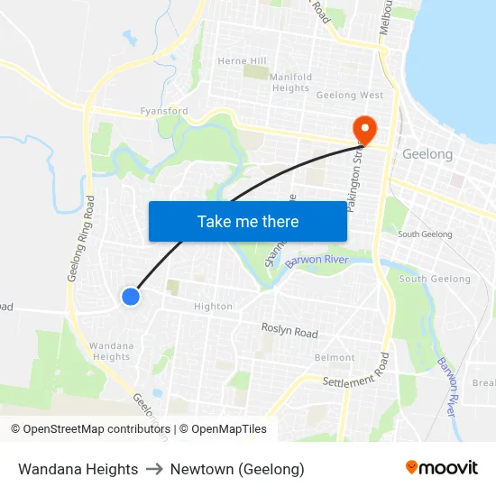 Wandana Heights to Newtown (Geelong) map