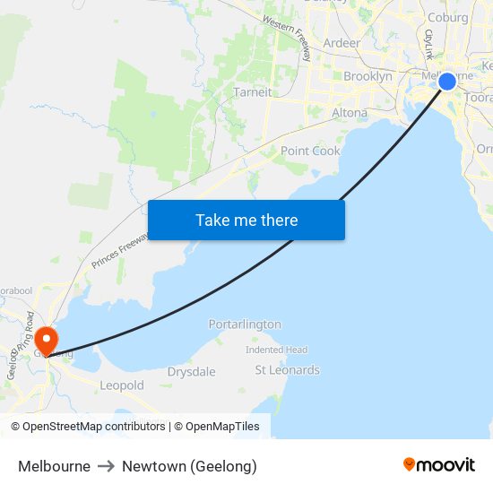 Melbourne to Newtown (Geelong) map