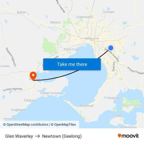 Glen Waverley to Newtown (Geelong) map