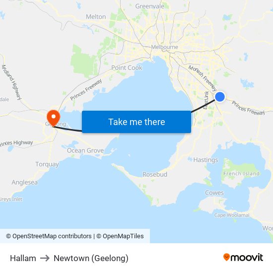 Hallam to Newtown (Geelong) map