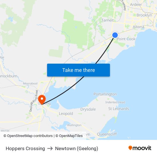 Hoppers Crossing to Newtown (Geelong) map